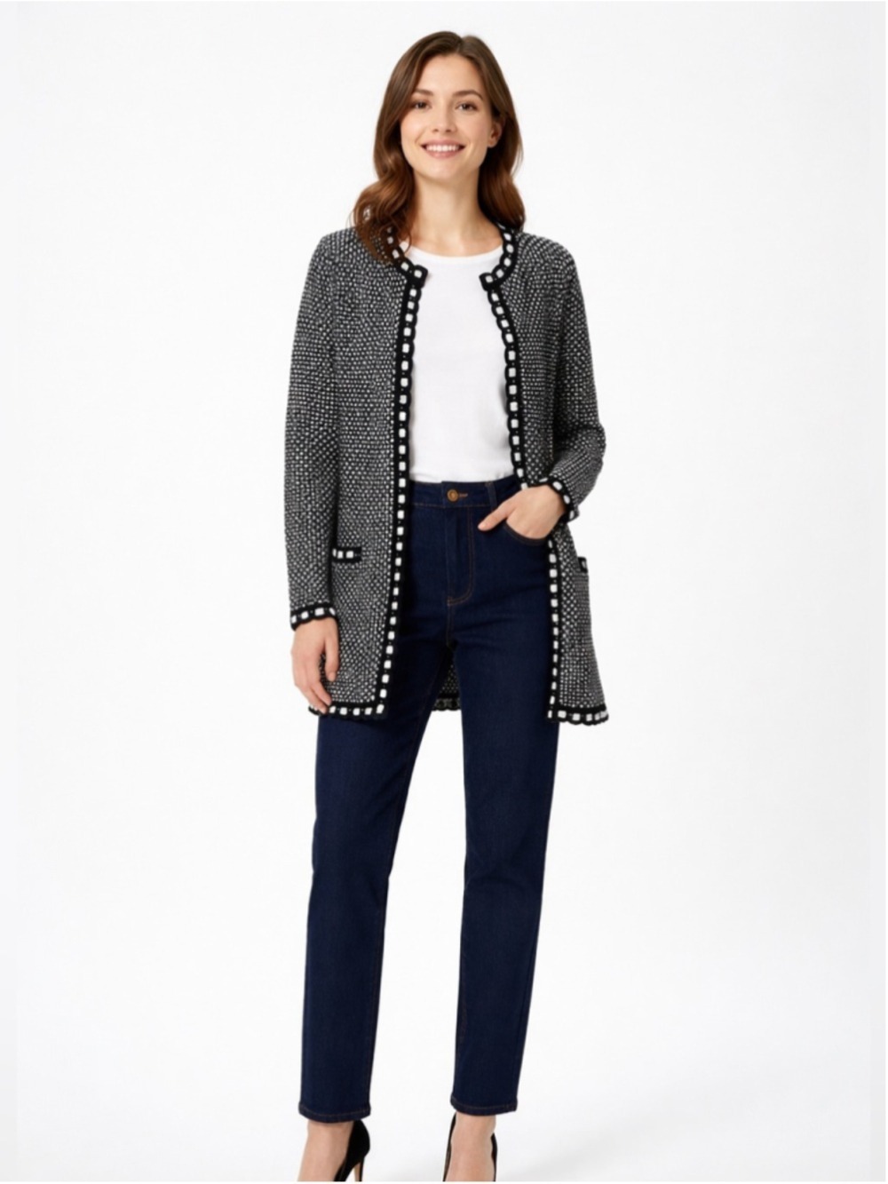 Hobbs London Perrie Geometric Knit Open Front Cardigan Coatigan Sweater Large